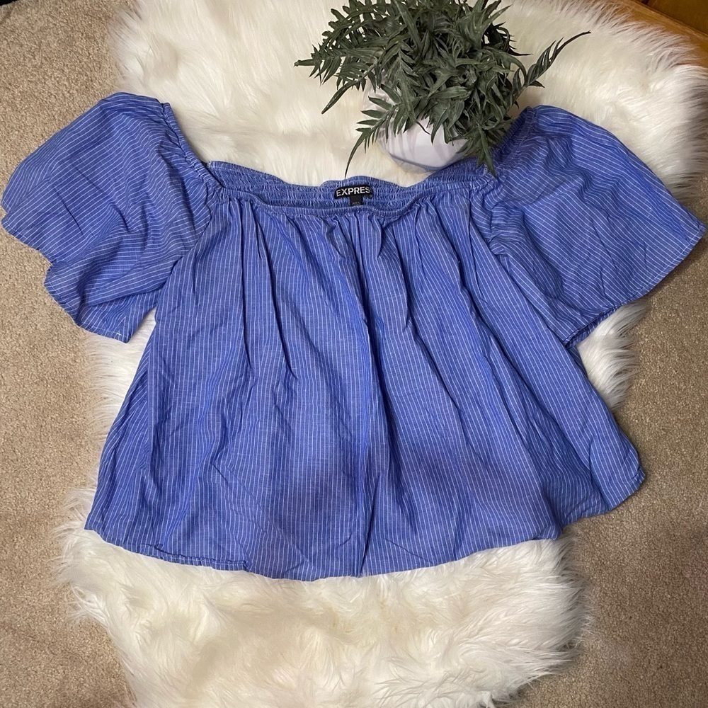 Express: Smocked Striped Off‎ The Shoulder Flowy Top Blouse Shirt Blue Large
